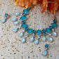 Aqua Blue Korean Glass Stone Jewelry Necklace Set | Rhodium Plated Statement Jewelry with Earrings
