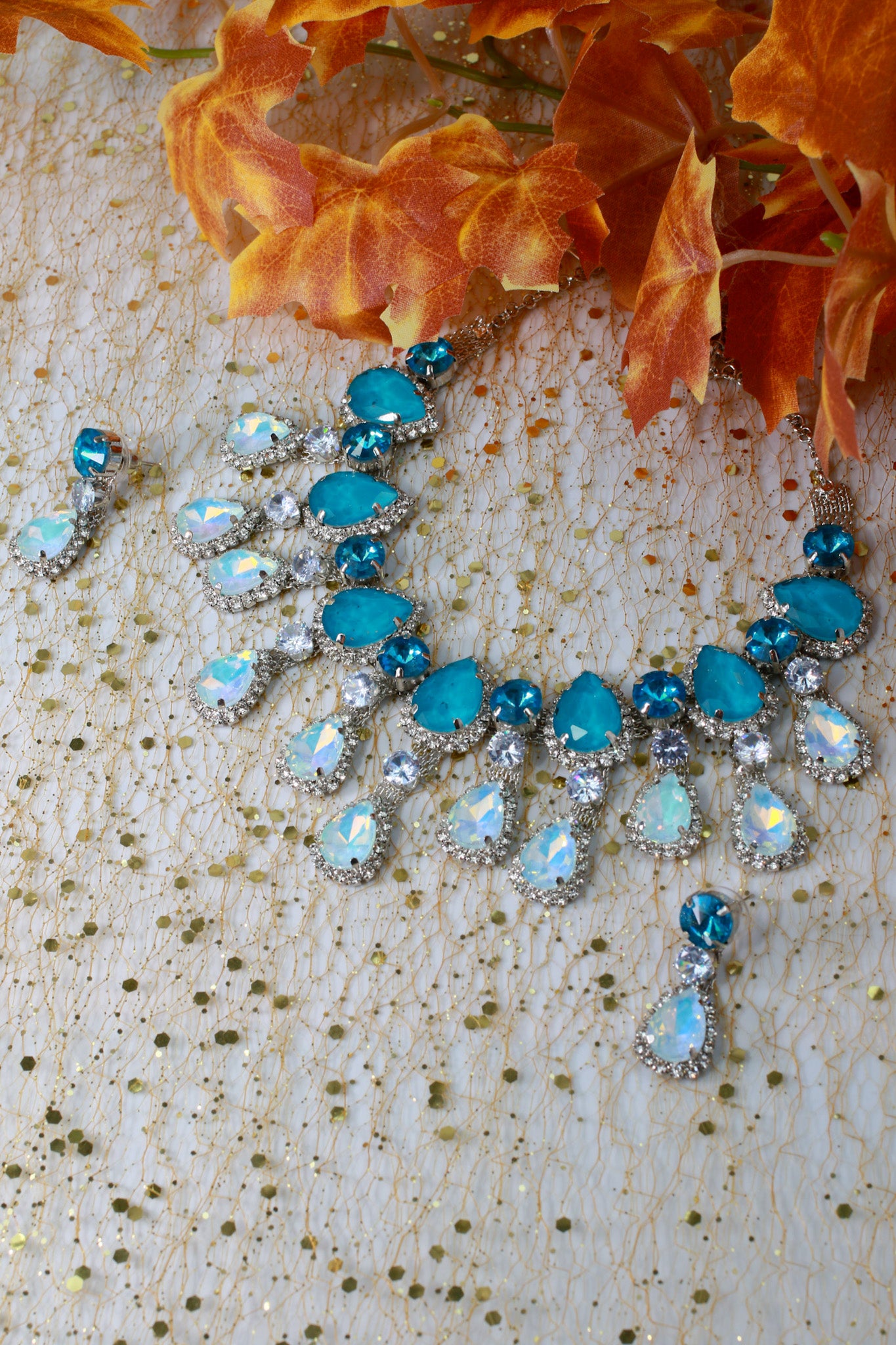 Aqua Blue Korean Glass Stone Jewelry Necklace Set | Rhodium Plated Statement Jewelry with Earrings