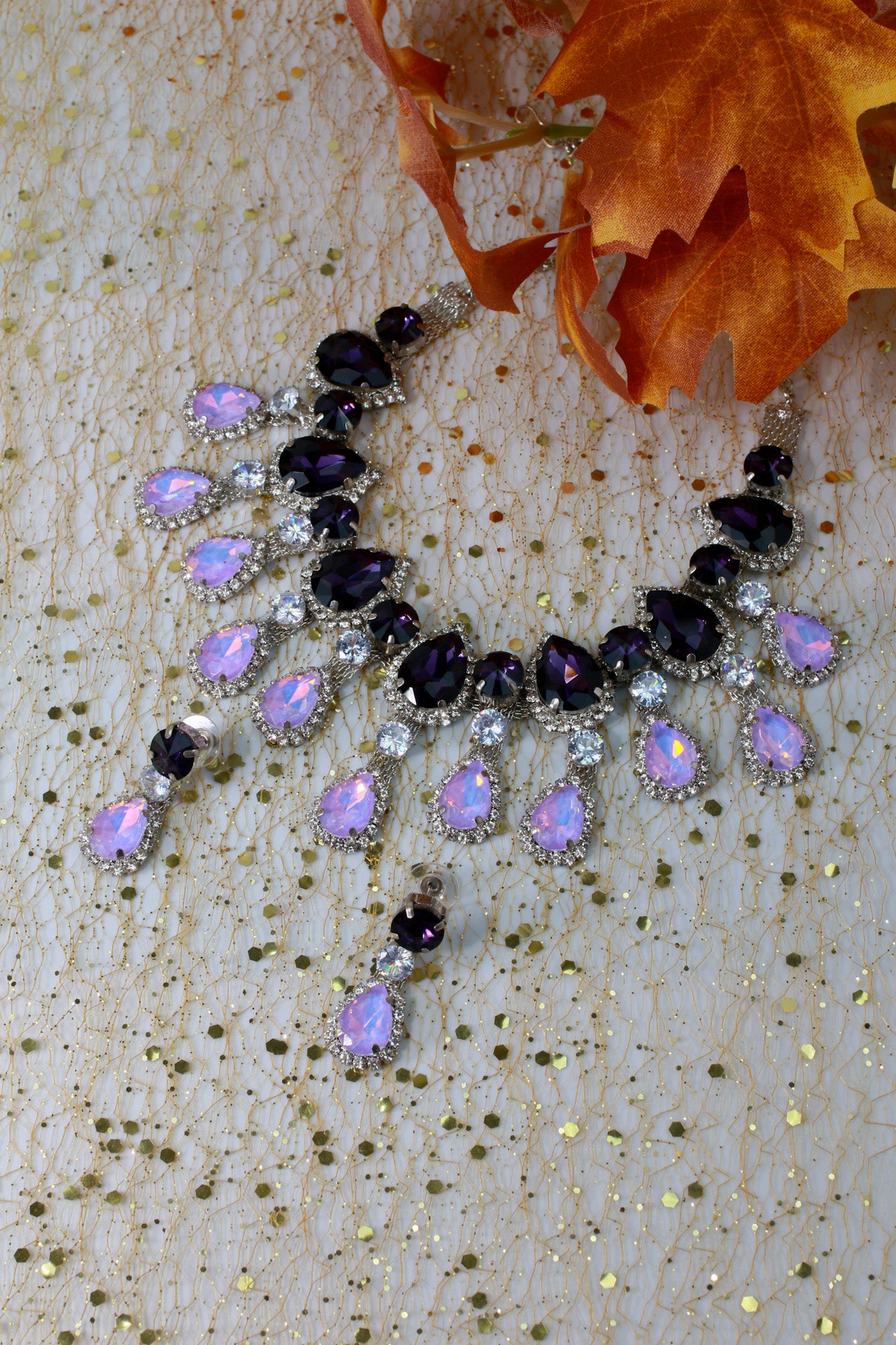 Korean Purple & White Glass Stone Jewelry Necklace Set | Rhodium Plated Luxury Jewelry with Earrings