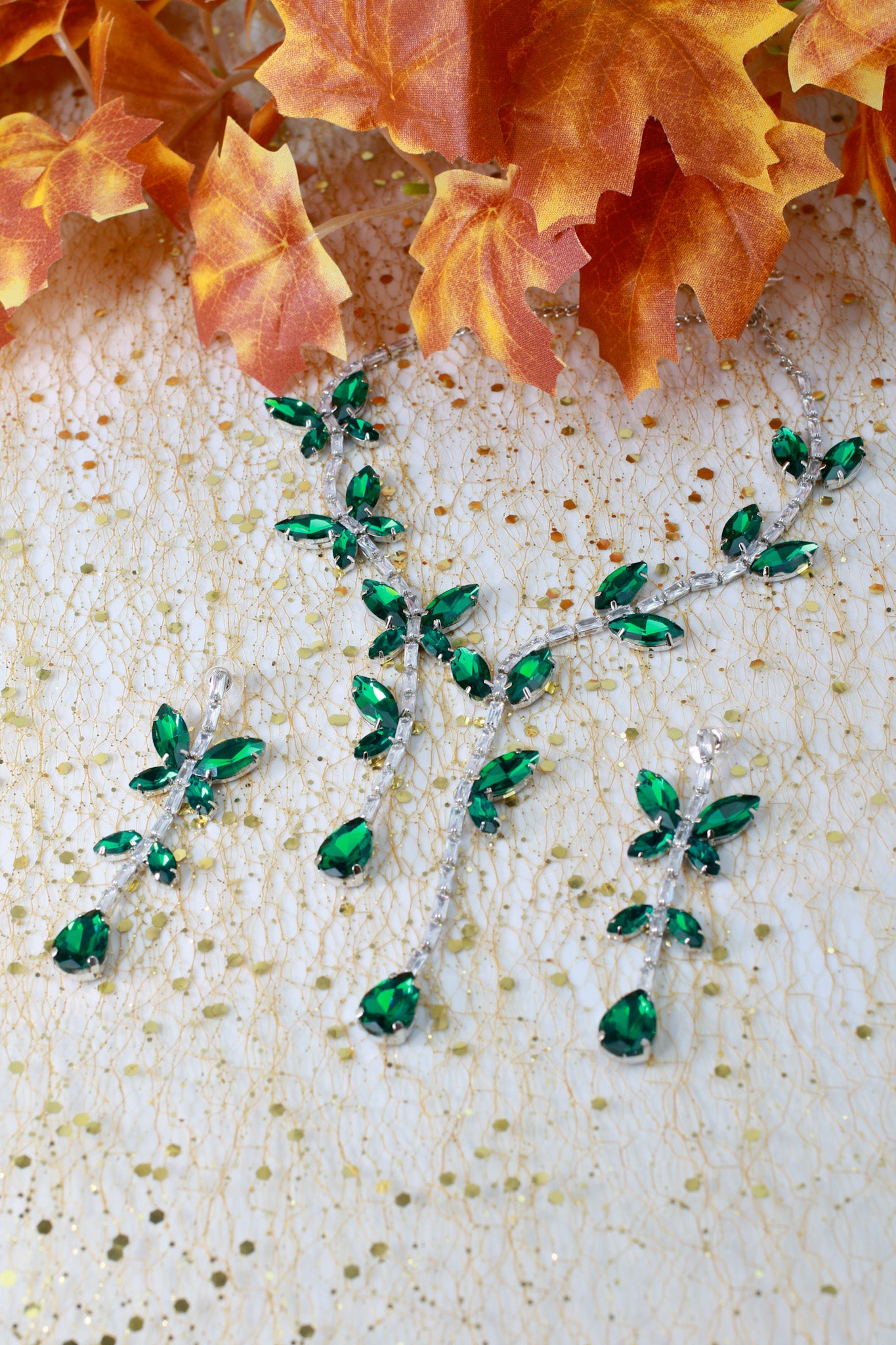 Korean Green Butterfly Glass Stone Jewelry Necklace Set | Rhodium Plated Jewelry with Earrings