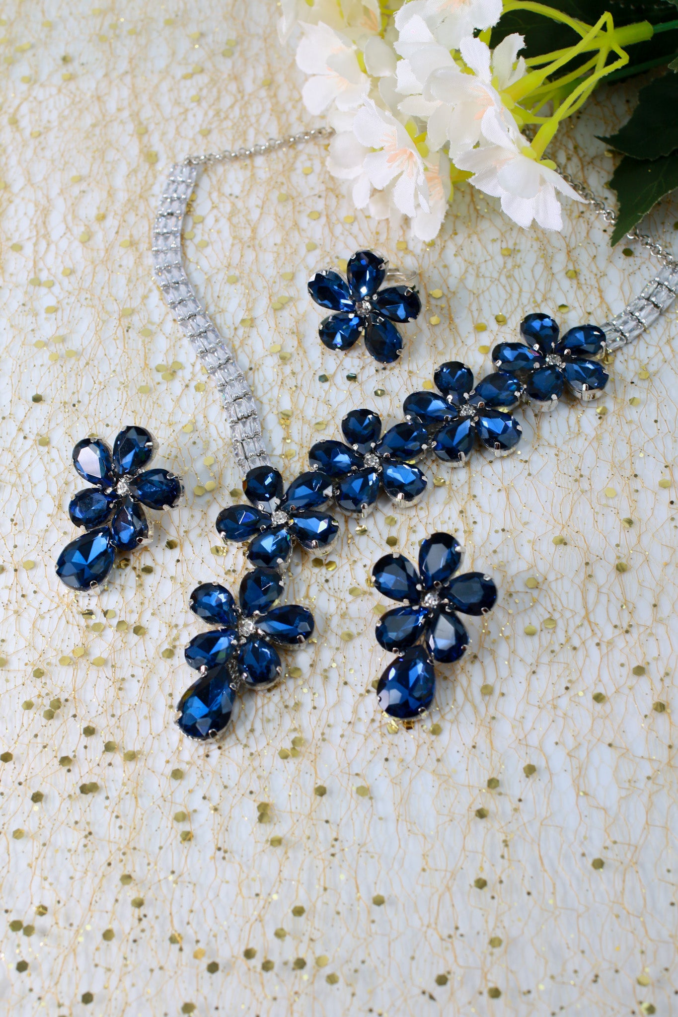Korean Blue Floral Glass Stone Jewelry Necklace Set | Rhodium Plated Statement Jewelry with Earrings