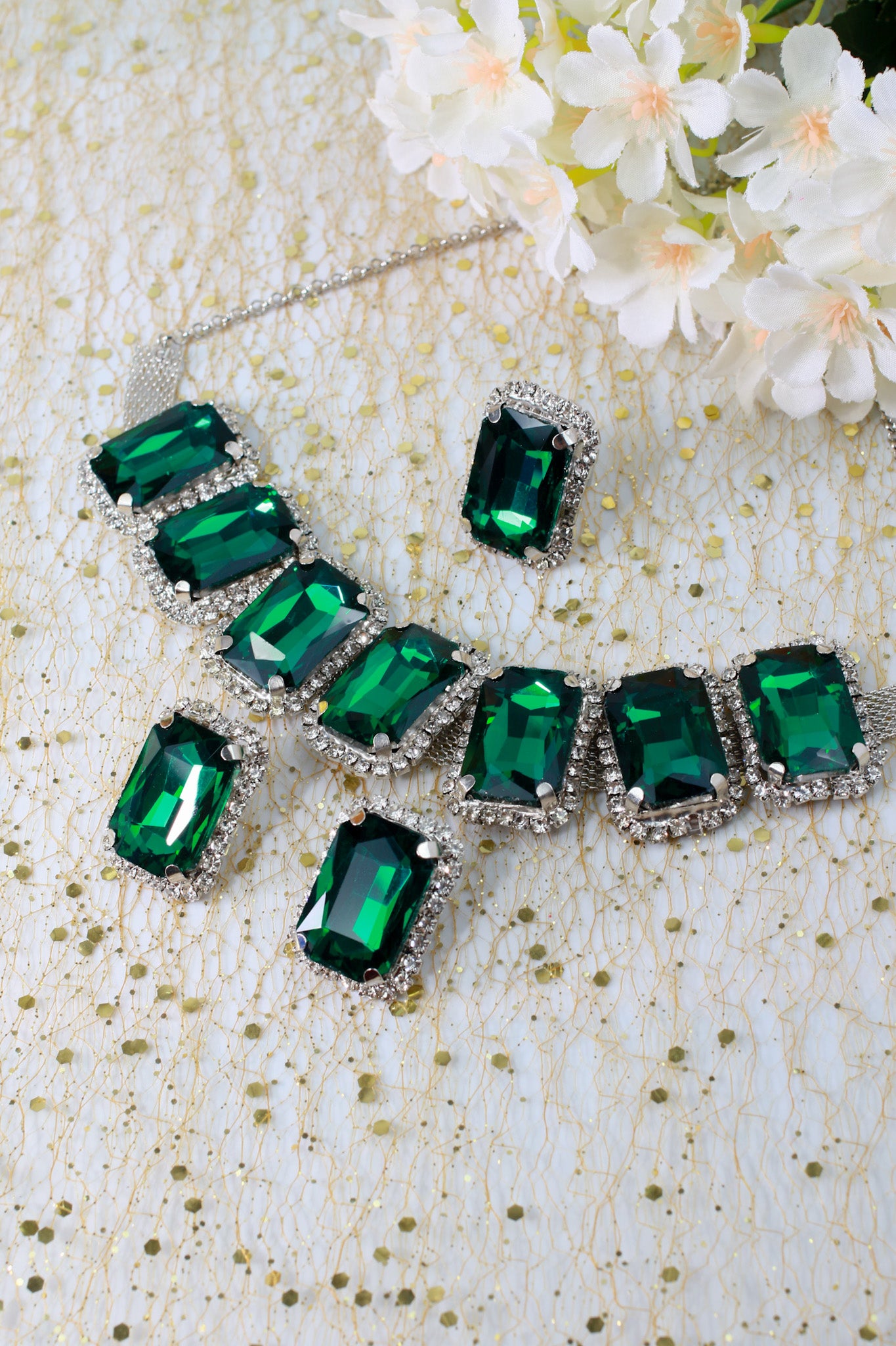 Korean Green Rectangular Glass Stone Glass & AD Stone Necklace Set | Rhodium Plated Statement Jewelry with Earrings