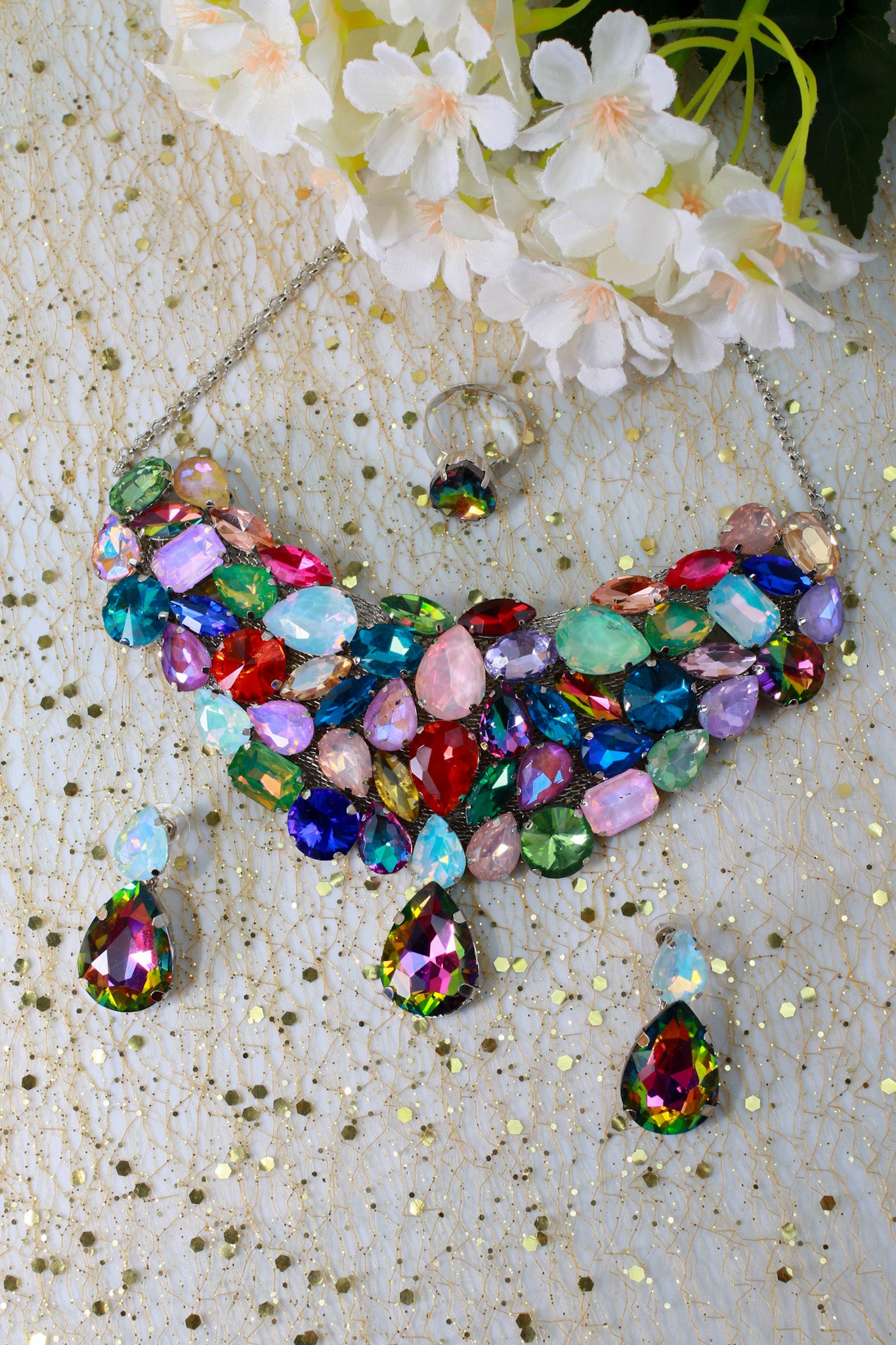 Korean Multicolor Glass Stone Jewelry Necklace Set | Rhodium Plated Statement Fashion Jewelry with Earrings