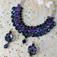 Korean Blue & Purple Glass Stone Jewelry Necklace Set | Rhodium Plated Bridal & Party Jewelry with Earrings
