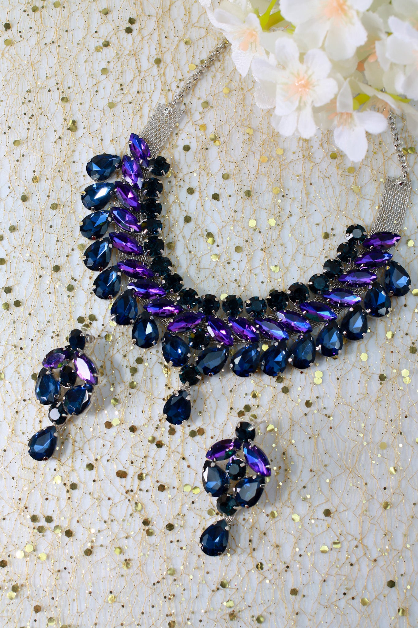 Korean Blue & Purple Glass Stone Jewelry Necklace Set | Rhodium Plated Bridal & Party Jewelry with Earrings