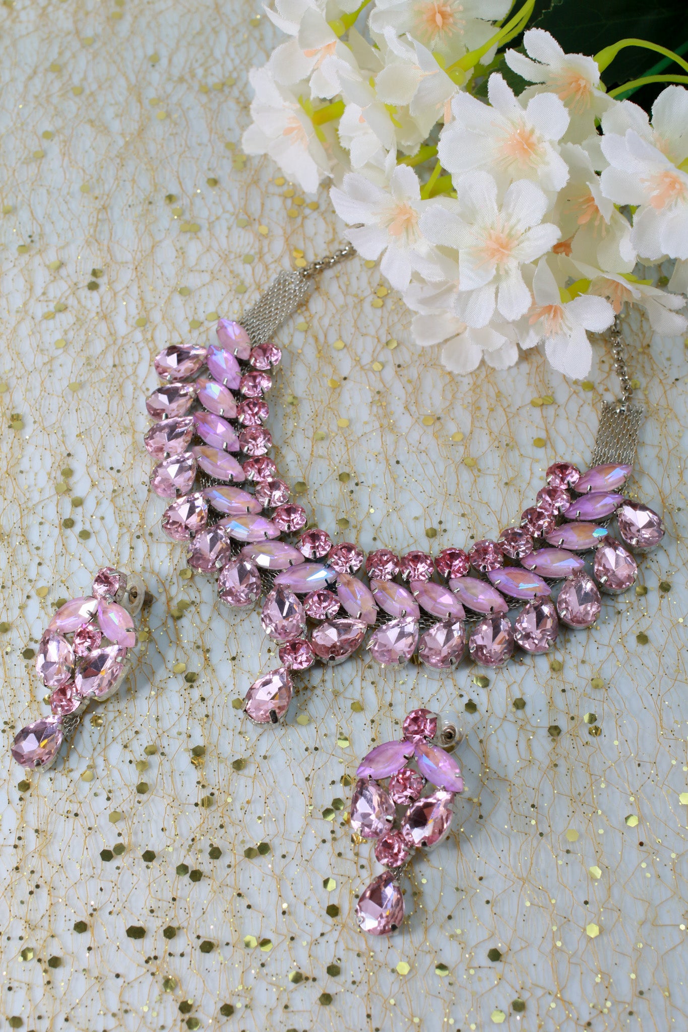 Korean Pink Gradient Glass Stone Jewelry Necklace Set | Luxury Rhodium Plated Bridal & Party Jewelry with Earrings