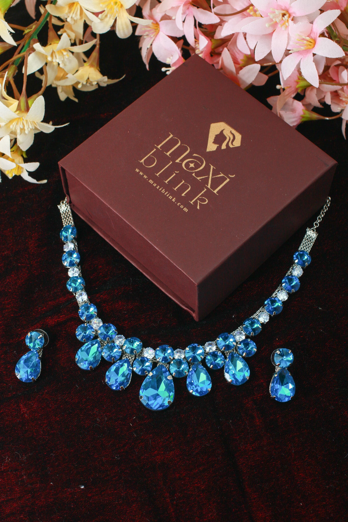 Korean Blue Teardrop Glass Stone Jewelry Necklace Set | Rhodium Plated Crystal Bridal Jewelry with Earrings
