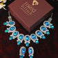 Korean Blue Oval Glass Stone Glass & AD Stone Necklace Set | Rhodium Plated Statement Jewelry with Earrings
