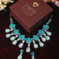 Aqua Blue Korean Glass Stone Jewelry Necklace Set | Rhodium Plated Statement Jewelry with Earrings