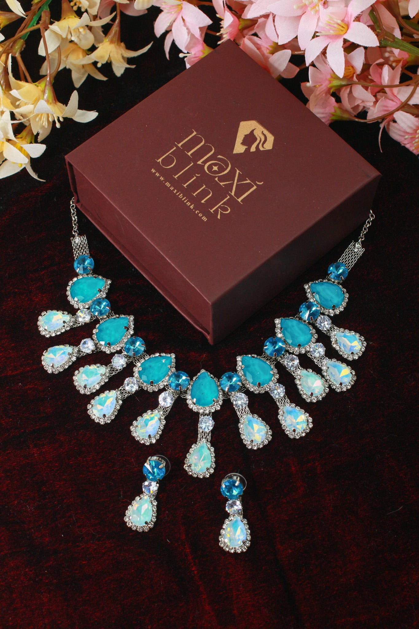 Aqua Blue Korean Glass Stone Jewelry Necklace Set | Rhodium Plated Statement Jewelry with Earrings