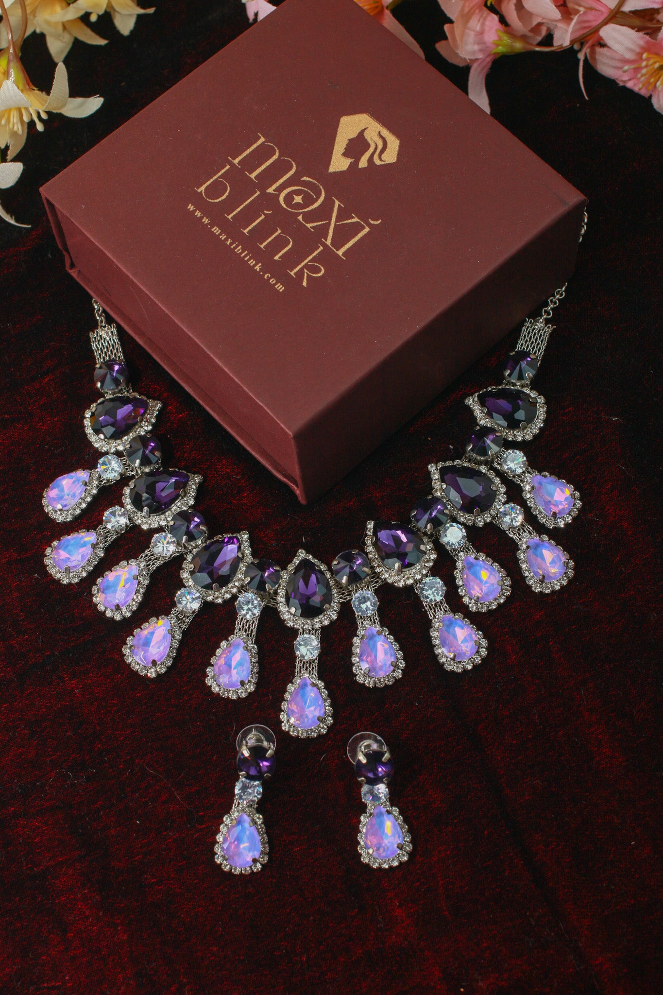 Korean Purple & White Glass Stone Jewelry Necklace Set | Rhodium Plated Luxury Jewelry with Earrings