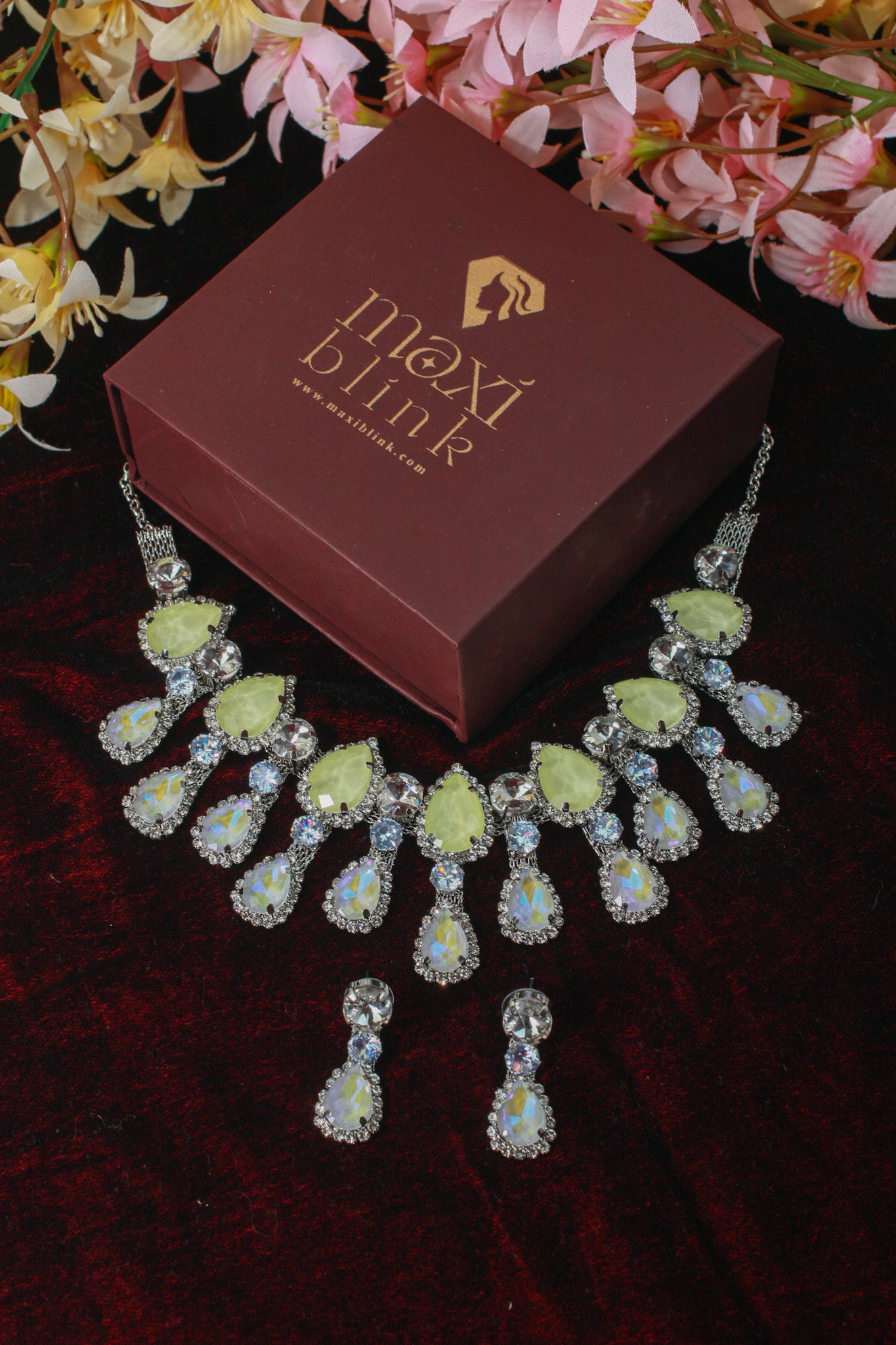 Korean Lemon Yellow Glass Stone Jewelry Necklace Set | Rhodium Plated Fashion Jewelry with Earrings