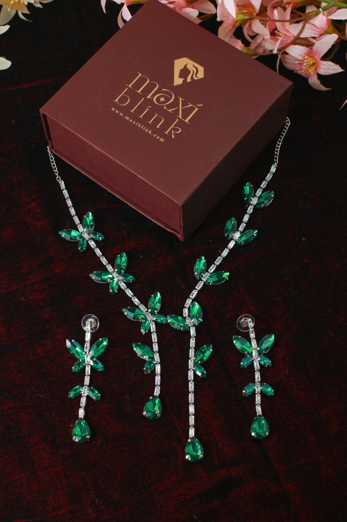 Korean Green Butterfly Glass Stone Jewelry Necklace Set | Rhodium Plated Jewelry with Earrings