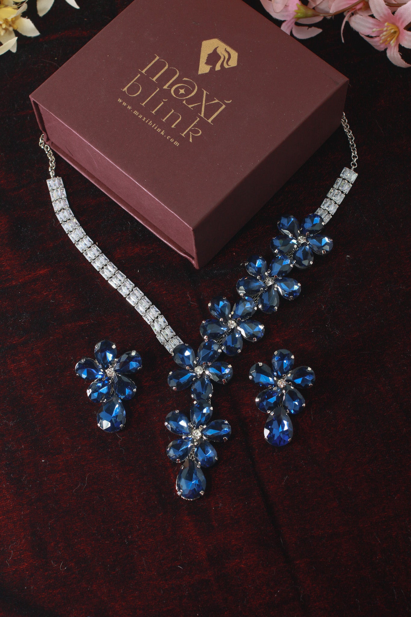 Korean Blue Floral Glass Stone Jewelry Necklace Set | Rhodium Plated Statement Jewelry with Earrings