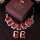 Korean Red Rectangular Glass Stone Glass & AD Stone Necklace Set | Rhodium Plated Bridal & Party Jewelry with Earrings