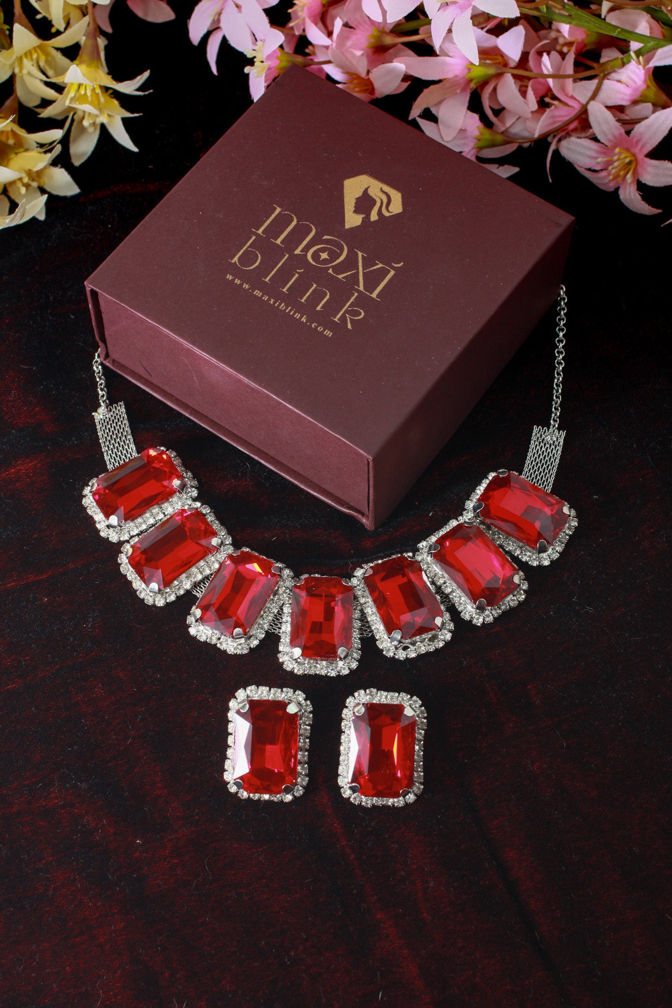 Korean Red Rectangular Glass Stone Glass & AD Stone Necklace Set | Rhodium Plated Bridal & Party Jewelry with Earrings