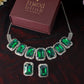 Korean Green Rectangular Glass Stone Glass & AD Stone Necklace Set | Rhodium Plated Statement Jewelry with Earrings