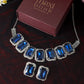 Korean Blue Rectangular Glass Stone Glass & AD Stone Necklace Set | Rhodium Plated Statement Bridal Jewelry with Earrings