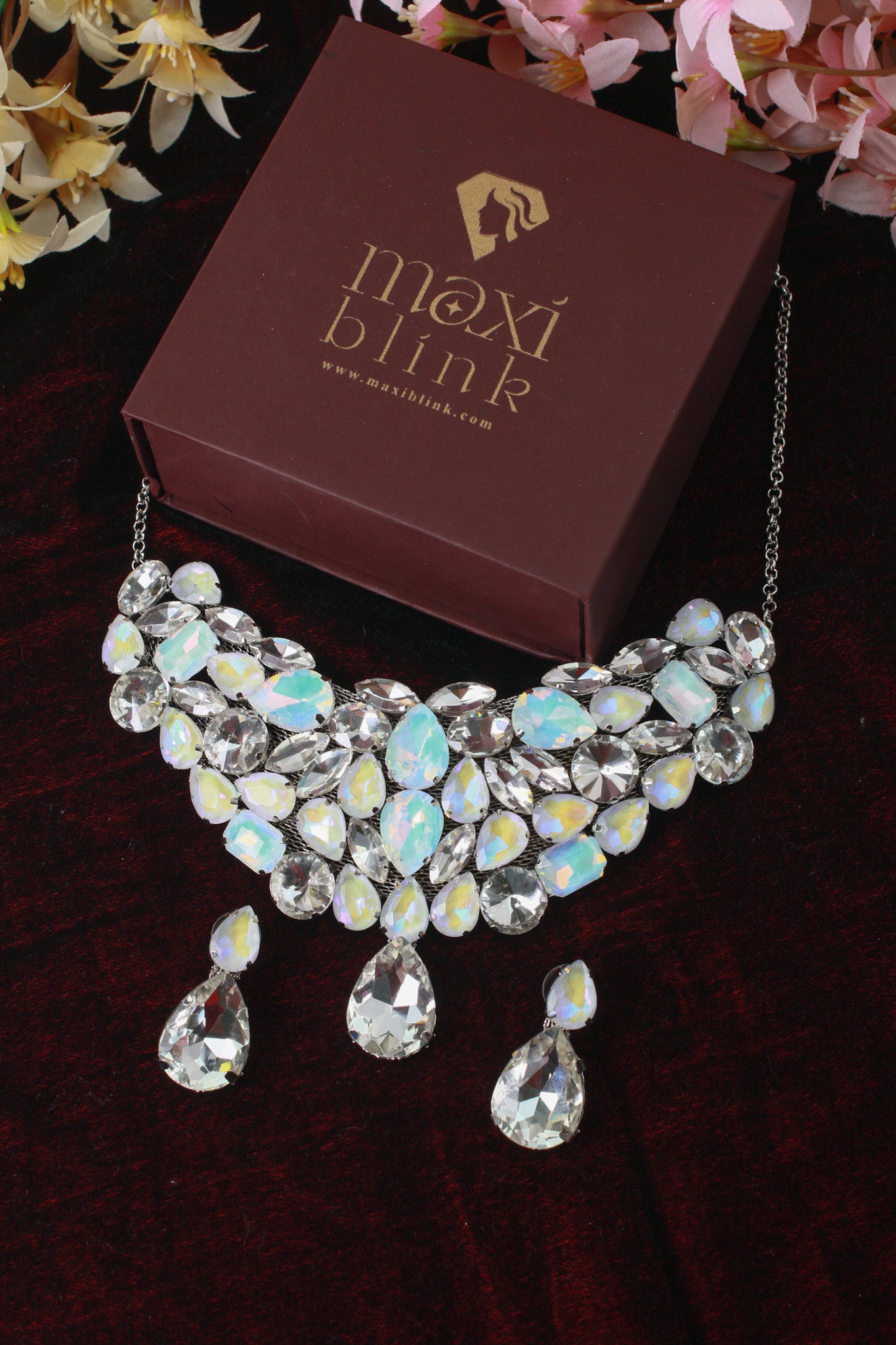 Korean White Glass Stone Jewelry Necklace Set | Rhodium Plated Crystal Bridal Jewelry with Earrings