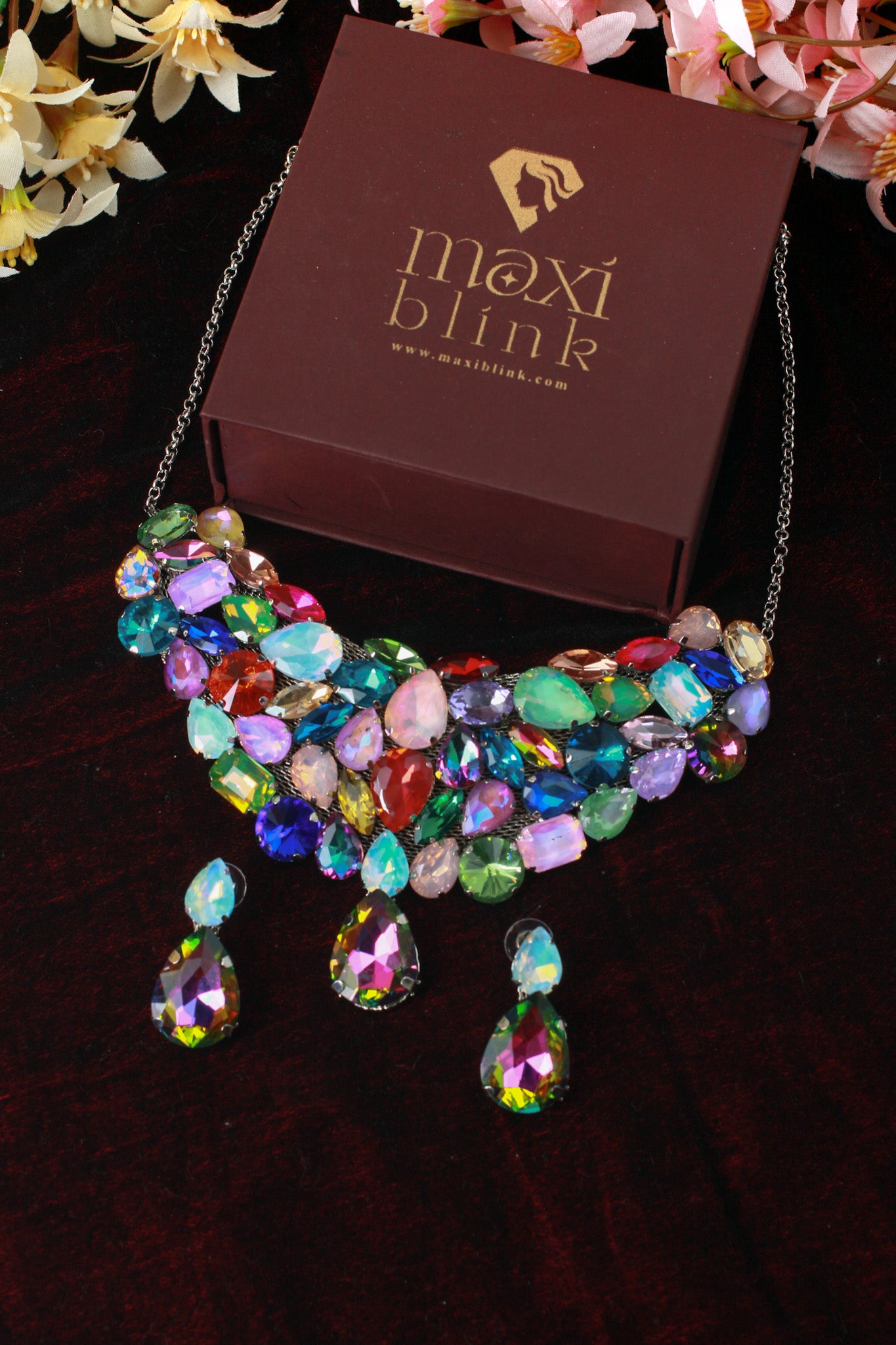 Korean Multicolor Glass Stone Jewelry Necklace Set | Rhodium Plated Statement Fashion Jewelry with Earrings