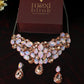 Korean Peach Pink Glass Stone Jewelry Necklace & Earrings Set | Rhodium Plated Luxury Party Jewelry