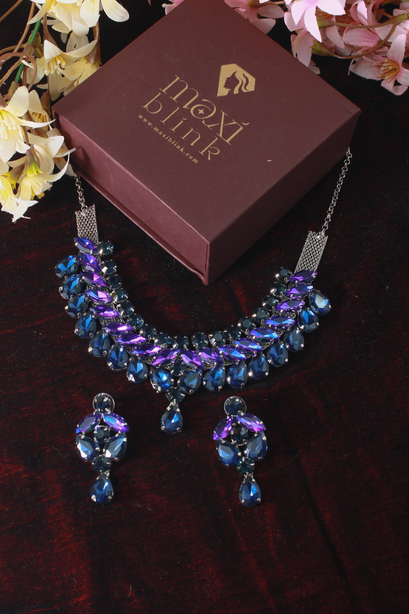Korean Blue & Purple Glass Stone Jewelry Necklace Set | Rhodium Plated Bridal & Party Jewelry with Earrings