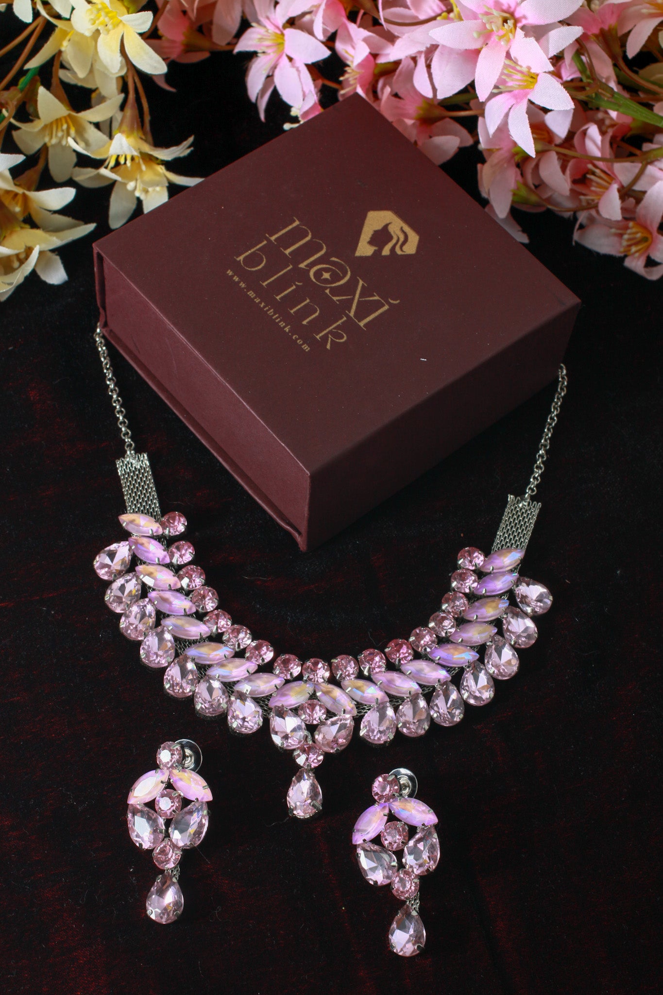 Korean Pink Gradient Glass Stone Jewelry Necklace Set | Luxury Rhodium Plated Bridal & Party Jewelry with Earrings
