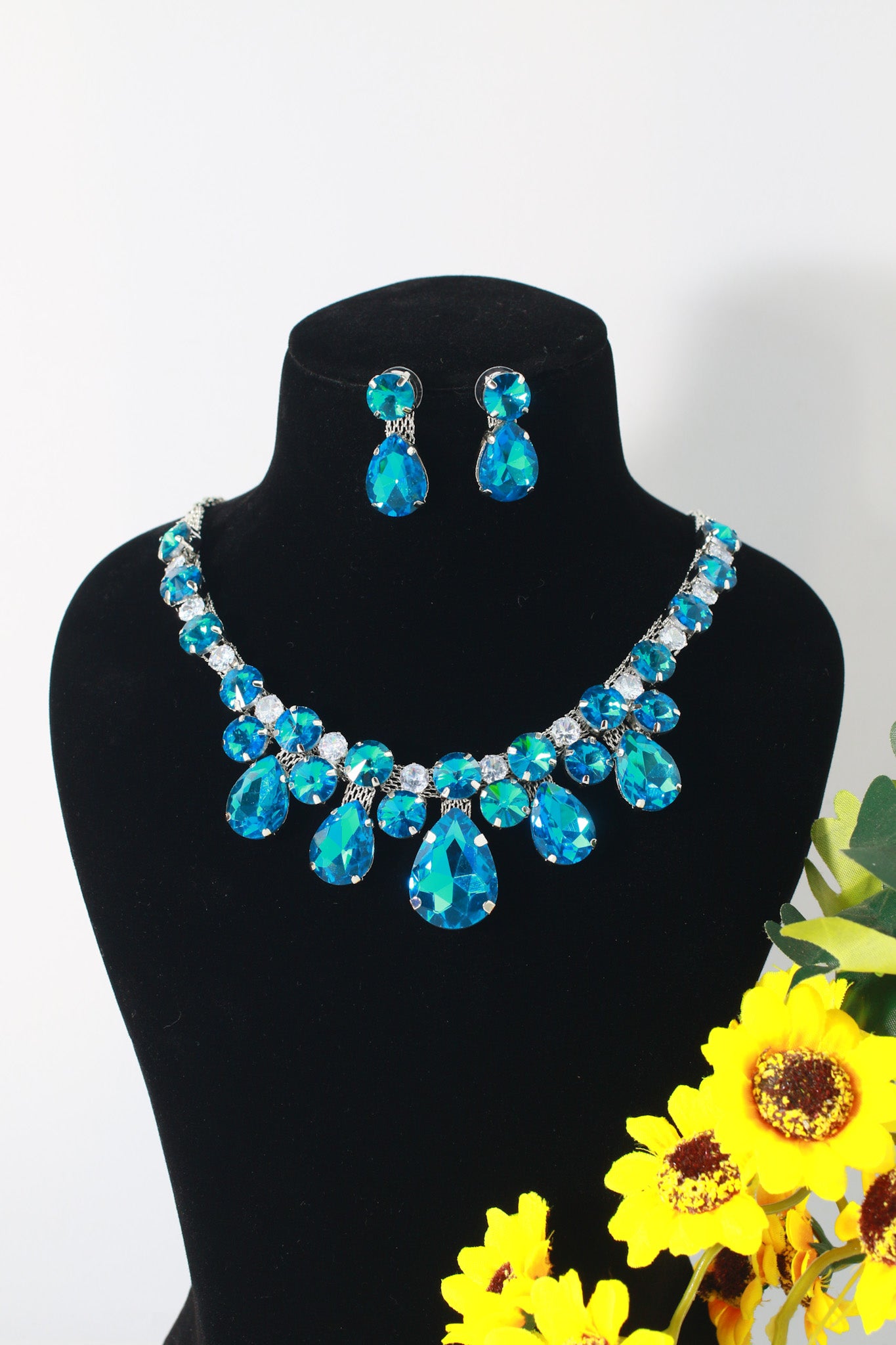 Korean Blue Teardrop Glass Stone Jewelry Necklace Set | Rhodium Plated Crystal Bridal Jewelry with Earrings