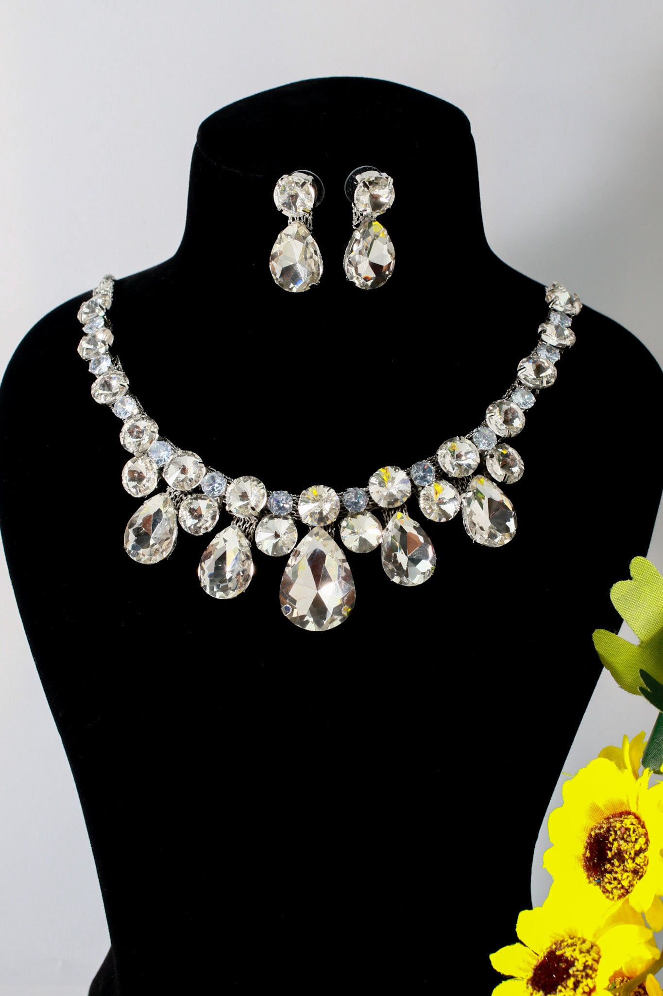 Crystal Clear & Blue Korean Glass Stone Jewelry Necklace Set | Rhodium Plated Elegant Bridal Jewelry with Earrings