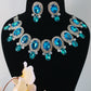 Korean Blue Oval Glass Stone Glass & AD Stone Necklace Set | Rhodium Plated Statement Jewelry with Earrings