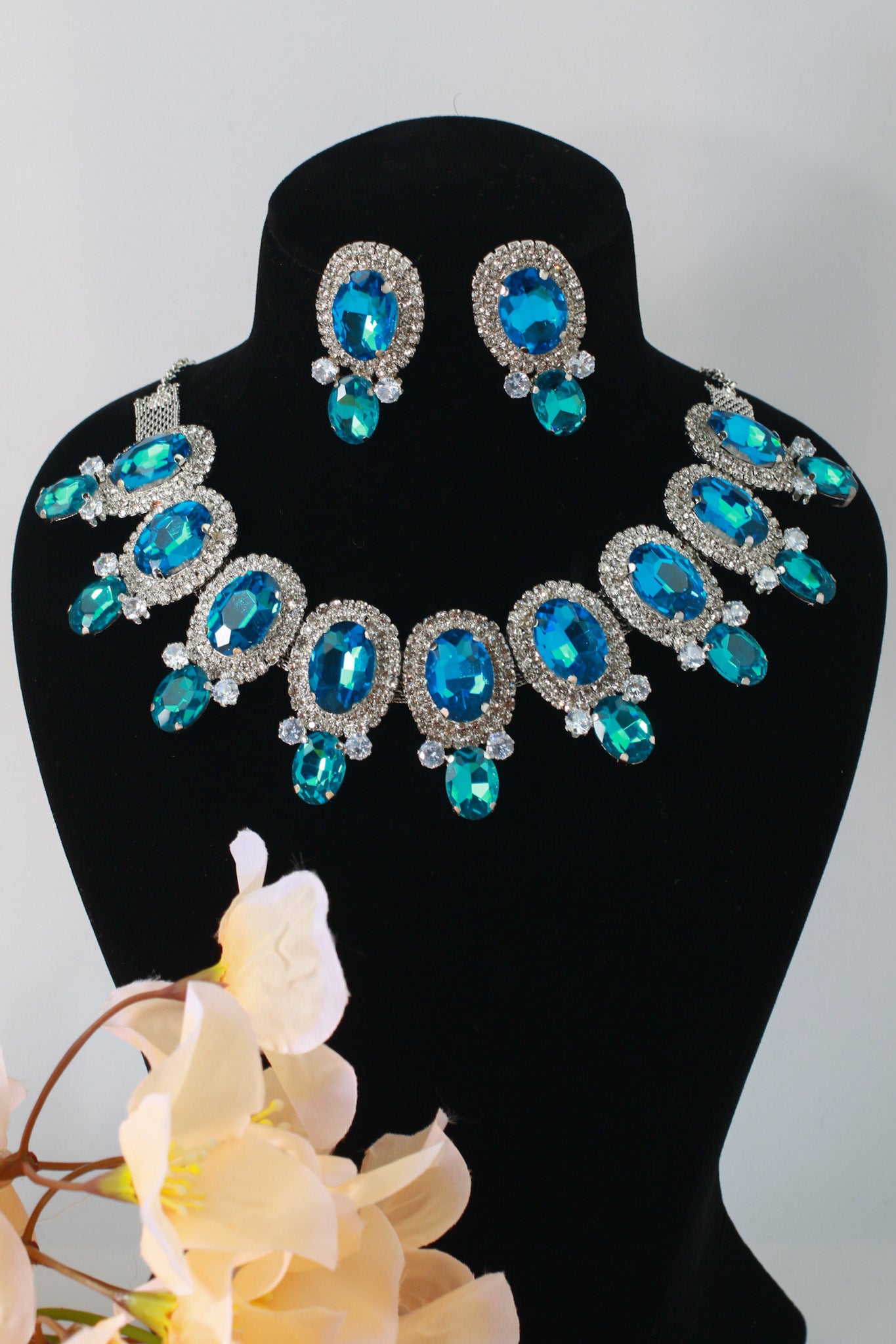 Korean Blue Oval Glass Stone Glass & AD Stone Necklace Set | Rhodium Plated Statement Jewelry with Earrings