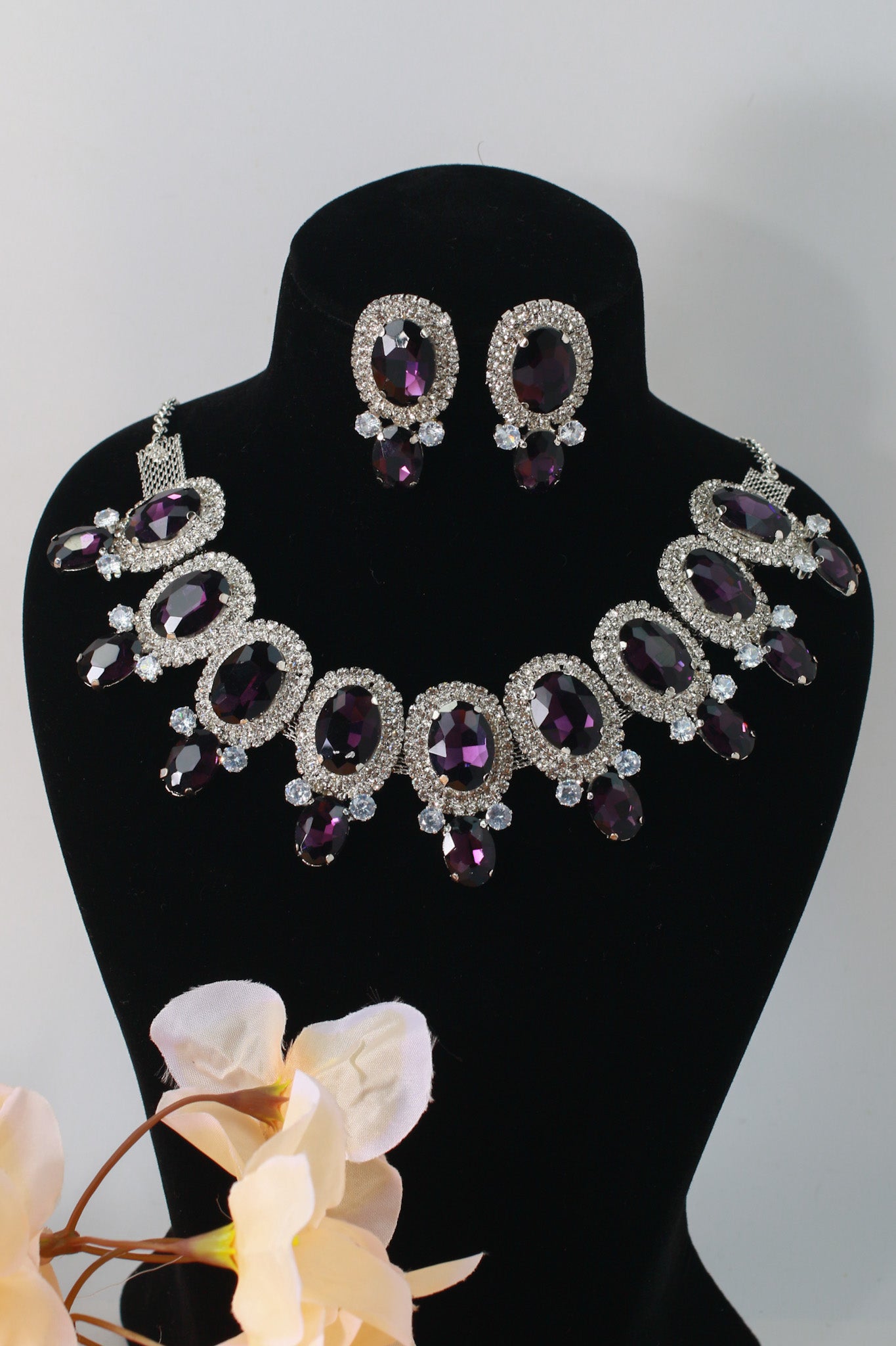 Korean Purple Oval Glass Stone Glass & AD Stone Necklace Set | Rhodium Plated Bridal & Party Jewelry with Earrings