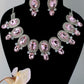 Korean Pink Oval Glass Stone Glass & AD Stone Necklace Set | Rhodium Plated Bridal & Party Jewelry with Earrings
