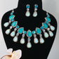 Aqua Blue Korean Glass Stone Jewelry Necklace Set | Rhodium Plated Statement Jewelry with Earrings