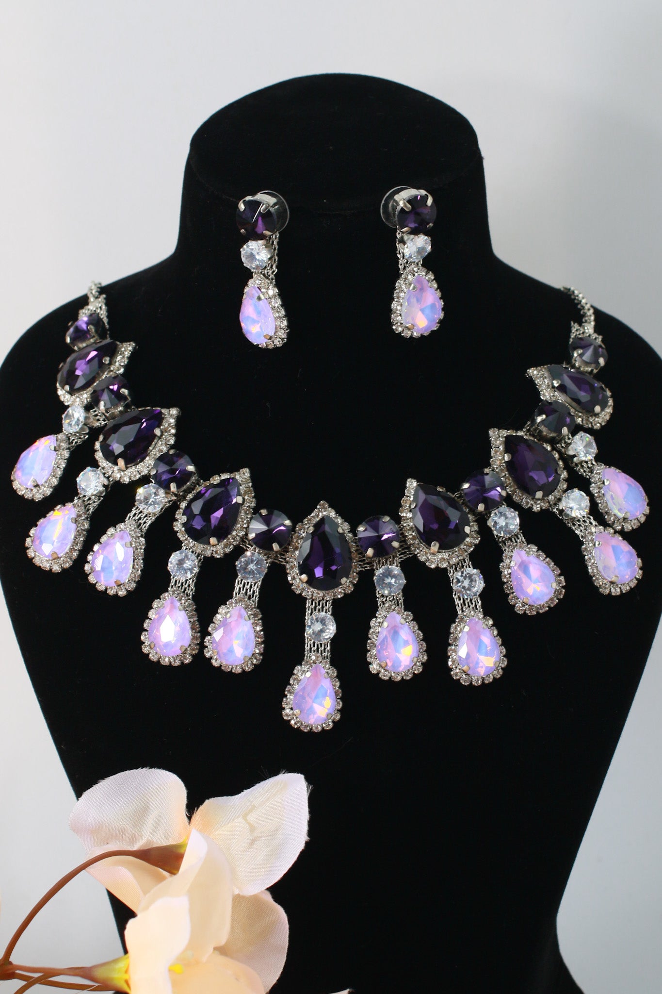 Korean Purple & White Glass Stone Jewelry Necklace Set | Rhodium Plated Luxury Jewelry with Earrings