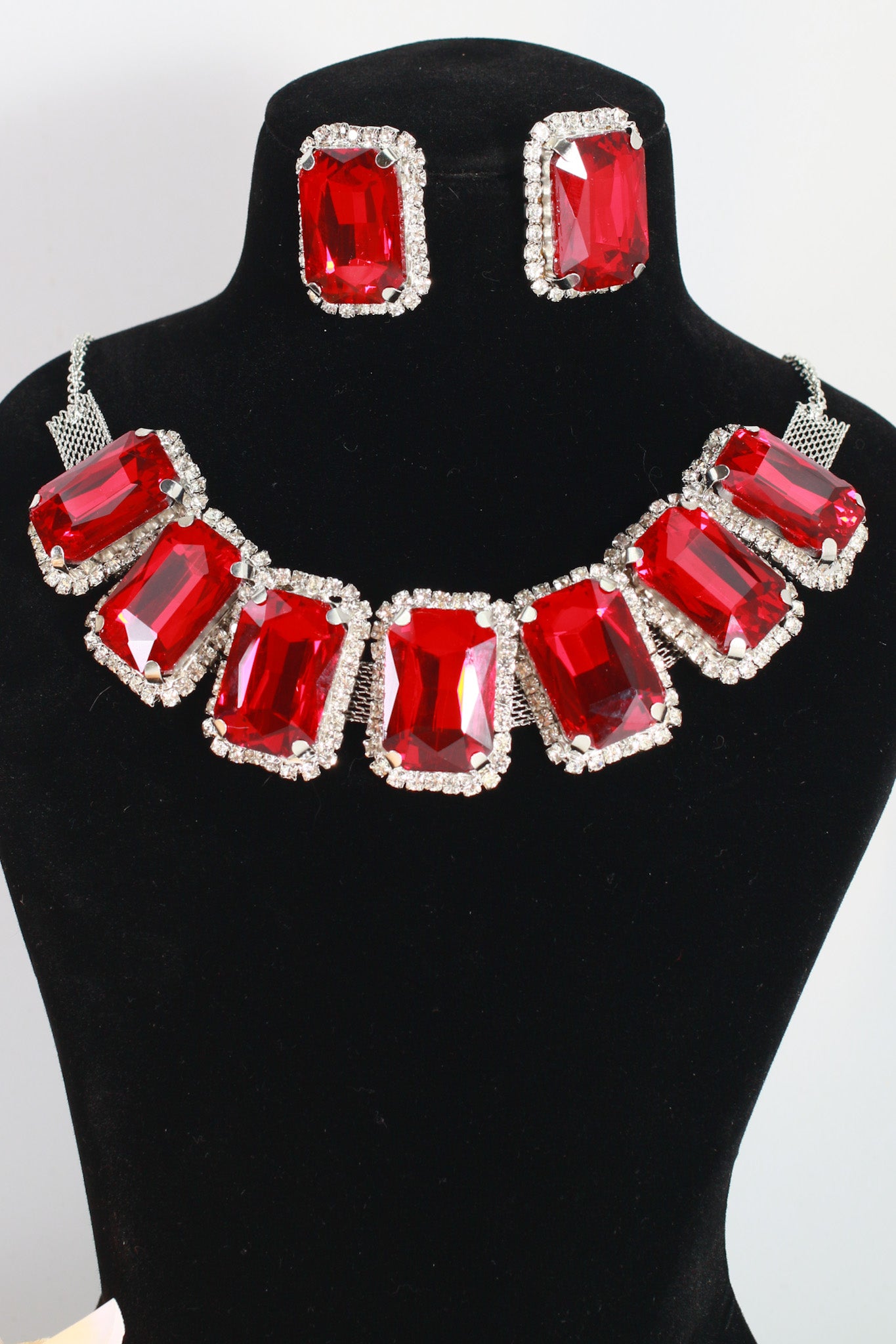 Korean Red Rectangular Glass Stone Glass & AD Stone Necklace Set | Rhodium Plated Bridal & Party Jewelry with Earrings