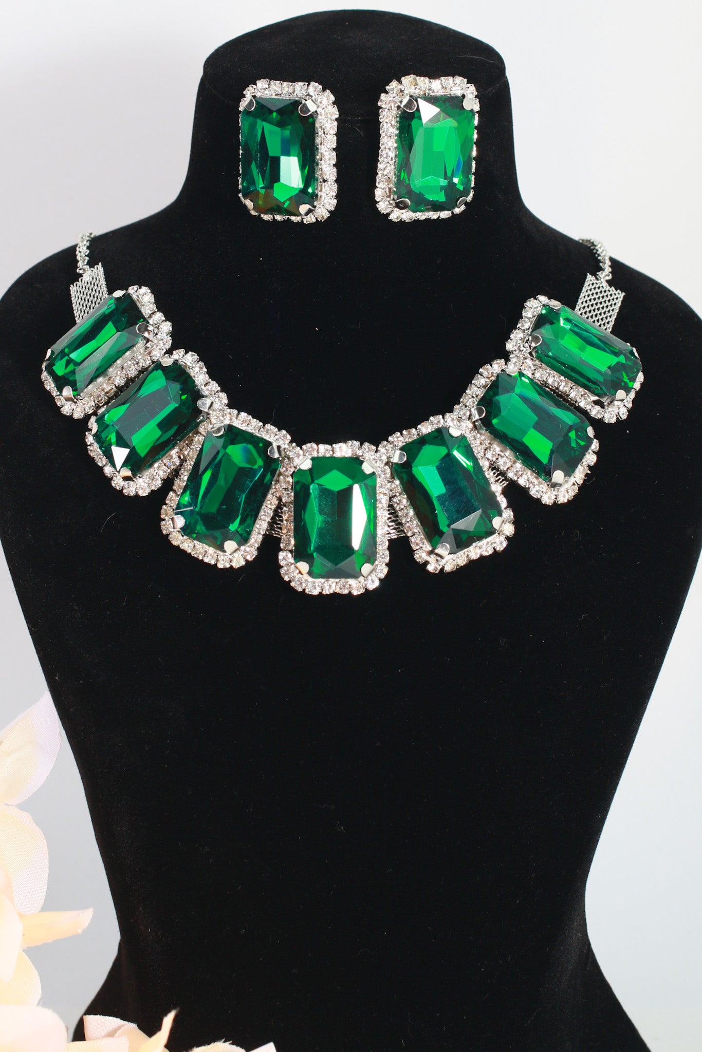 Korean Green Rectangular Glass Stone Glass & AD Stone Necklace Set | Rhodium Plated Statement Jewelry with Earrings