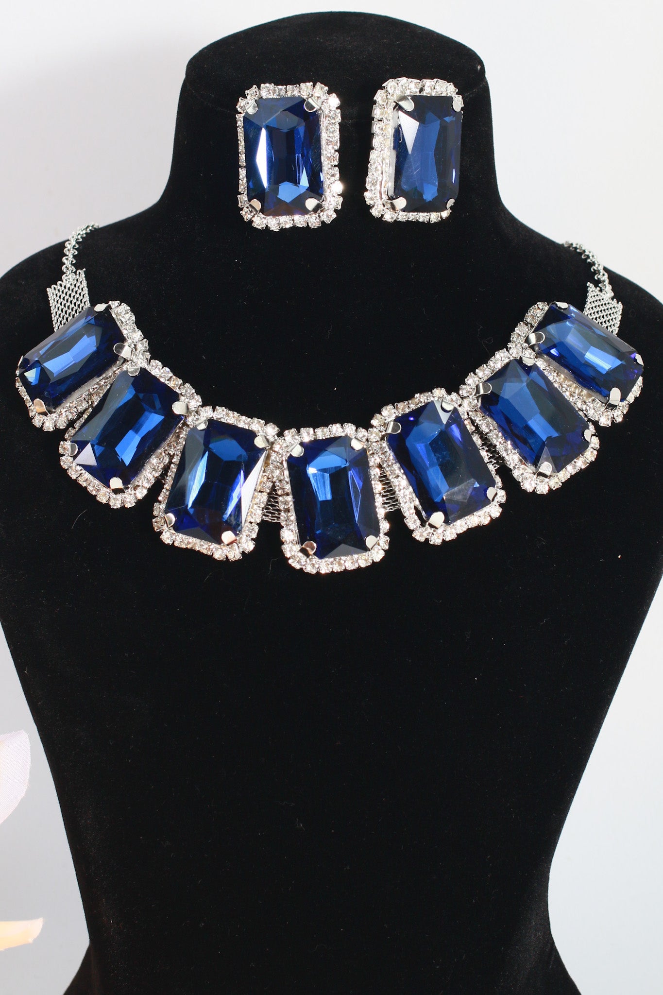 Korean Blue Rectangular Glass Stone Glass & AD Stone Necklace Set | Rhodium Plated Statement Bridal Jewelry with Earrings
