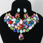 Korean Multicolor Glass Stone Jewelry Necklace Set | Rhodium Plated Statement Fashion Jewelry with Earrings