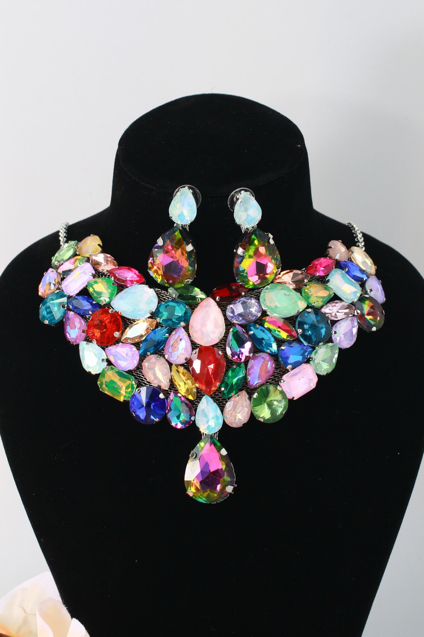 Korean Multicolor Glass Stone Jewelry Necklace Set | Rhodium Plated Statement Fashion Jewelry with Earrings