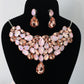 Korean Peach Pink Glass Stone Jewelry Necklace & Earrings Set | Rhodium Plated Luxury Party Jewelry
