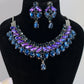 Korean Blue & Purple Glass Stone Jewelry Necklace Set | Rhodium Plated Bridal & Party Jewelry with Earrings