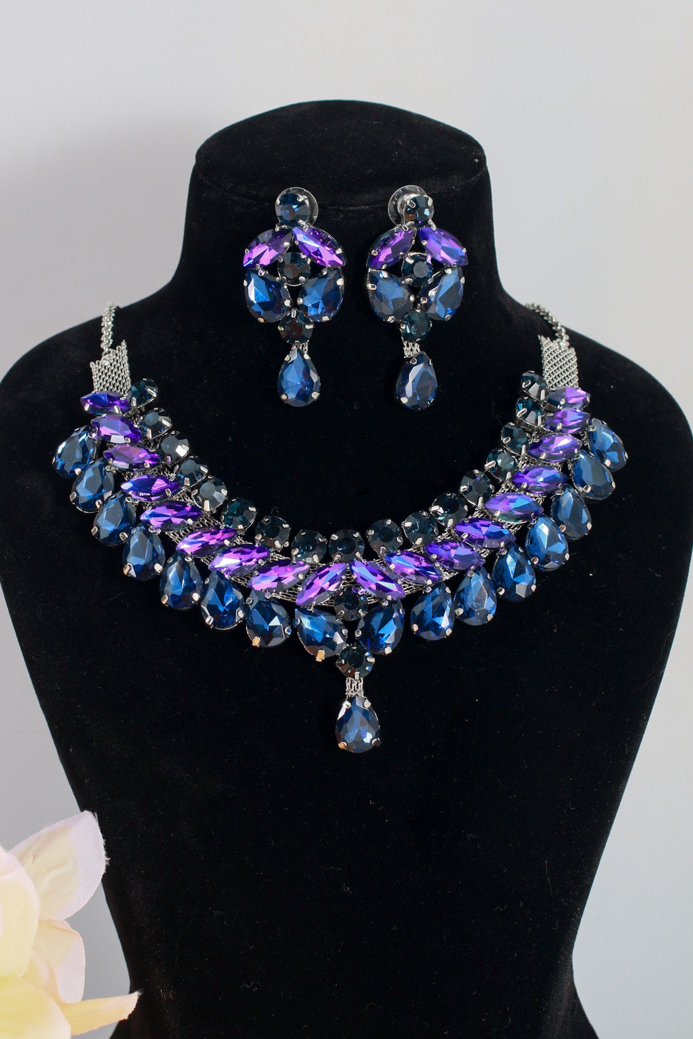 Korean Blue & Purple Glass Stone Jewelry Necklace Set | Rhodium Plated Bridal & Party Jewelry with Earrings