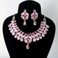 Korean Pink Gradient Glass Stone Jewelry Necklace Set | Luxury Rhodium Plated Bridal & Party Jewelry with Earrings