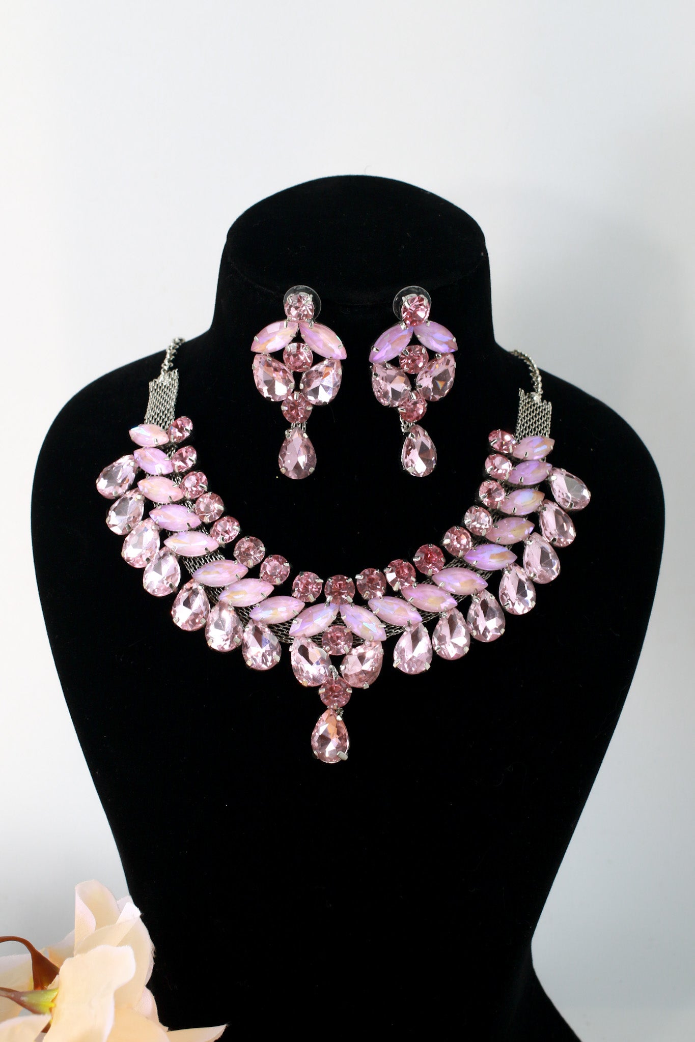 Korean Pink Gradient Glass Stone Jewelry Necklace Set | Luxury Rhodium Plated Bridal & Party Jewelry with Earrings