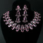 Korean Pink Oval Glass Stone Glass & AD Stone Necklace Set | Rhodium Plated Luxury Bridal Jewelry with Earrings