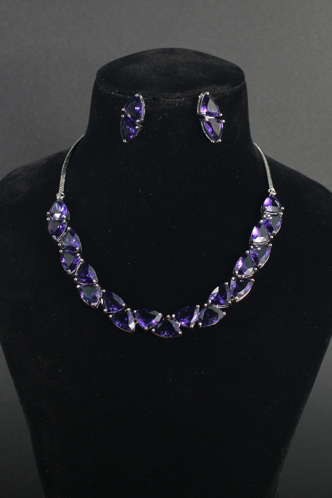 Korean Purple Glass Stone Jewelry Necklace Set | Rhodium Plated Elegant Minimal Jewelry with Earrings