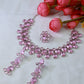 Korean Pink Oval Glass Stone Glass & AD Stone Necklace Set | Rhodium Plated Luxury Bridal Jewelry with Earrings