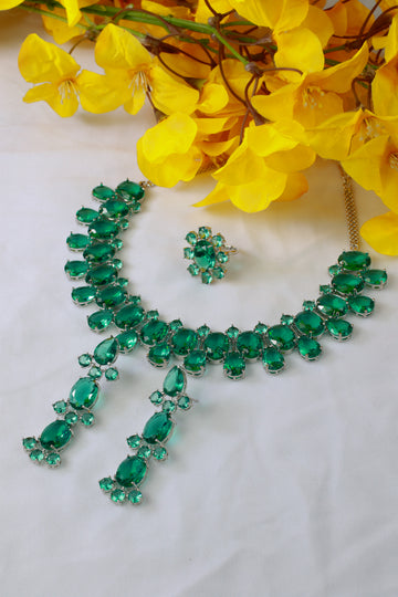 Emerald Green Korean Glass Stone Jewelry Necklace Set | Rhodium Plated Wedding & Party Jewelry with Earrings