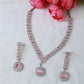 Korean Pink Glass Stone Jewelry Necklace Set | Rhodium Plated Party Wear Jewelry with Earrings